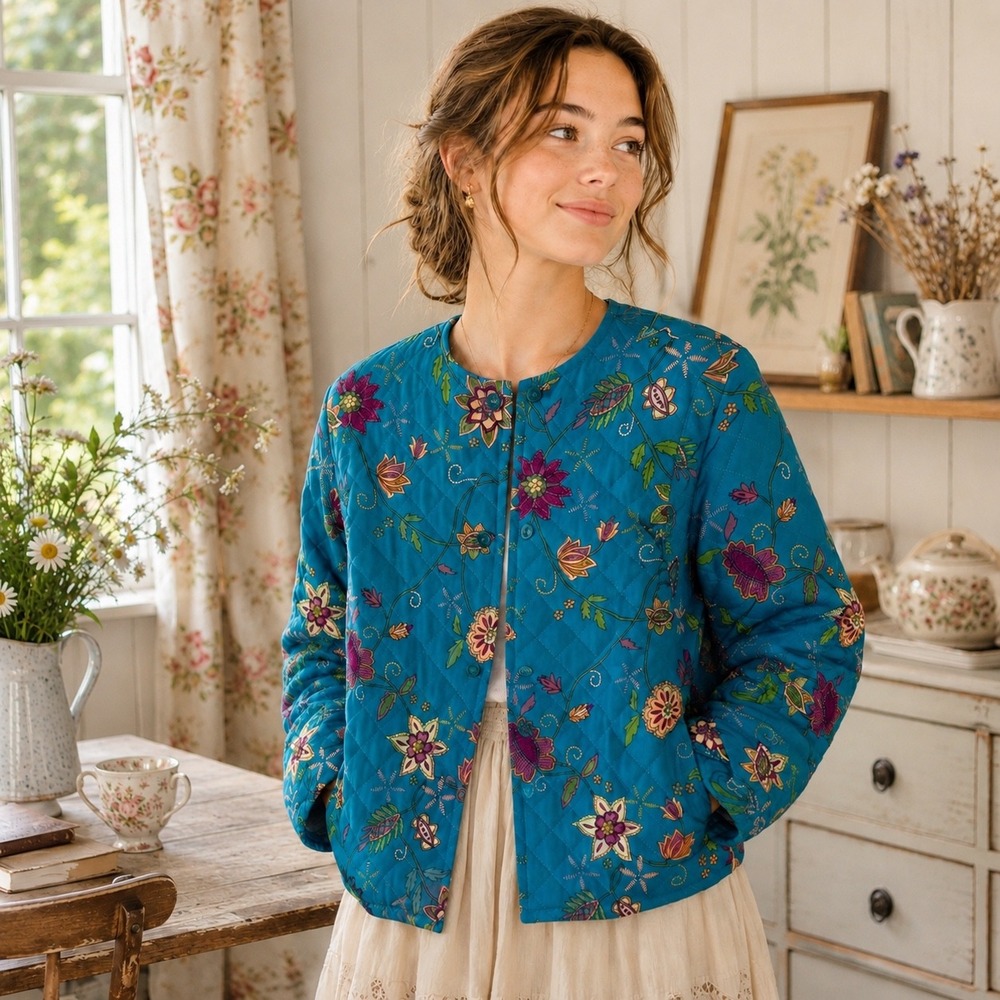 Grannycore Quilted Sapphire Blue Lightweight Jacket, Side Pockets Cottage Floral